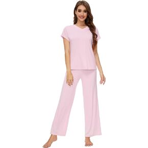WiWi Viscose from Bamboo Pajama Sets for Women Soft V Neck Sleepwear Short Sleeves Top with Pants Pjs S-XXL
