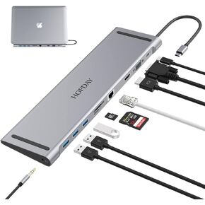 10 Ports USB C Multiport Hub - HOPDAY Docking Station for Type C Laptop, MacBook Pro/Air - USB C Dongle with USB A 3.0, HDMI, VGA, PD 100W, Ethernet, SD/TF Card Reader, 3.5mm Audio