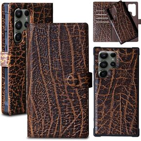 Wallet case for Samsung Galaxy S22+ Real Leather case,Genuine Leather 2-in-1 Magnetic Detachable Shockproof Case,Flip Folio Cover with Card Slot, Wireless Charging [RFID Blocking] Brown