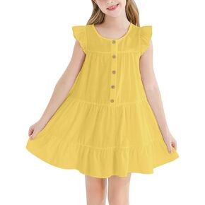 Girls Dresses Button Down Flutter Sleeve A-Line Sundress Casual Tiered Swing Midi Dresses for 6-14 Years Kids
