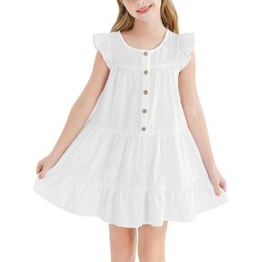 Girls Dresses Button Down Flutter Sleeve A-Line Sundress Casual Tiered Swing Midi Dresses for 6-14 Years Kids