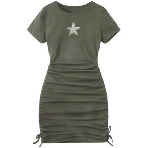 Verdusa Girl's Short Sleeve Rhinestone Star Pattern Drawstring Side Ruched Dress