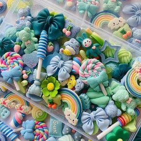 FULUSODO 60pcs Slime Charms Cute Set, Blue Bulk Mixed Resin Charms Set Ornament Scrapbooking