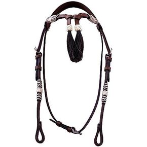 Western Tan Leather Headstall Hand Braided Rawhide Knotting Futurity Knot Hair Tassels Bridle - Black (Pony)