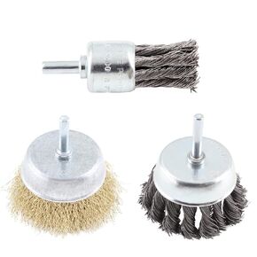 3PCS Cup Wire Wheel Brush Set, 3 Inch Carbon Steel Knotted Cup Brush and Brass Coated Crimped Wire Drill Brush Set, 1/4 Inch Shank Brush Kit Rotary Buffing Brush Wheel, Rust Removal Tool Set