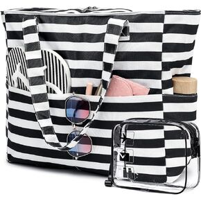 LEDAOU Large Beach Tote Bag Women Waterproof Sandproof Zipper Beach Tote Bag for Pool Gym Grocery Travel with Wet Pocket