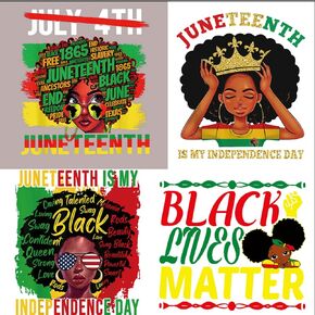 4Pcs Juneteenth Iron on Patches for Clothes, Black Girls Heat Transfer Vinyl Decals Juneteenth 1865 Washable Iron on Stickers Thermal Print Ready to Heat Press Appliques for T-Shirt Jacket
