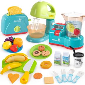 Golray 28pcs Play Kitchen Appliances Toy for Kids, Electric Mixer Toaster Blender with Light&Sound, Cutting Play Food, Pretend Kitchen Accessories, Toddler Birthday Gift Toy for Boy Girl 3 4-8 Year