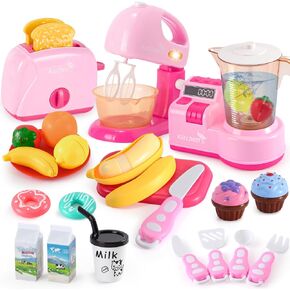 Golray 28pcs Play Kitchen Appliances Toy for Kids, Electric Mixer Toaster Blender with Light&Sound, Cutting Play Food, Pretend Kitchen Accessories, Toddler Birthday Gift Toy for Boy Girl 3 4-8 Year