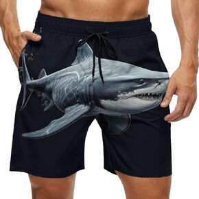 Men's Sharks Swim Trunks, Quick Dry Beach Board Shorts with Mesh Lining and Pockets