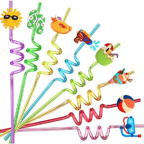 24 PCS Crazy Straws for Kids Bulk, Pool Party Favors, Beach Party Favors for Kids Birthday, Summer Pool Party Decorations Supplies, End of Year Student Gifts with 2 Cleaning Brushes