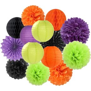Black Orange Purple Halloween Party-Decorations - 14pcs Kits Paper Lanterns Fan,Tissue Flower Pom Poms Streamers,Honeycomb Balls,Graduation Birthday Wedding Baby Bridal Shower Decor Lasting Surprise