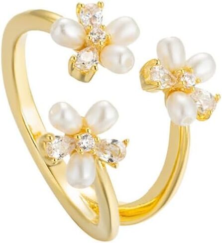 Kokoma Dainty Flower Ring for Women Girls Sparkling Cubic Zirconia Daisy Open Statement Rings Pearl Chic Engagement Promise Ring Wrap Finger Band 14K Gold Plated in Saudi Arabia