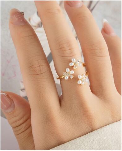 Kokoma Dainty Flower Ring for Women Girls Sparkling Cubic Zirconia Daisy Open Statement Rings Pearl Chic Engagement Promise Ring Wrap Finger Band 14K Gold Plated in Saudi Arabia