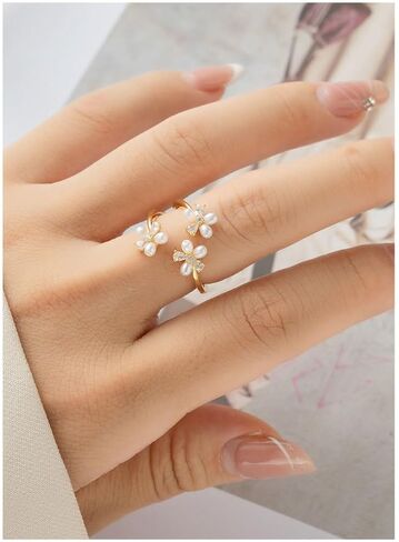 Kokoma Dainty Flower Ring for Women Girls Sparkling Cubic Zirconia Daisy Open Statement Rings Pearl Chic Engagement Promise Ring Wrap Finger Band 14K Gold Plated in Saudi Arabia