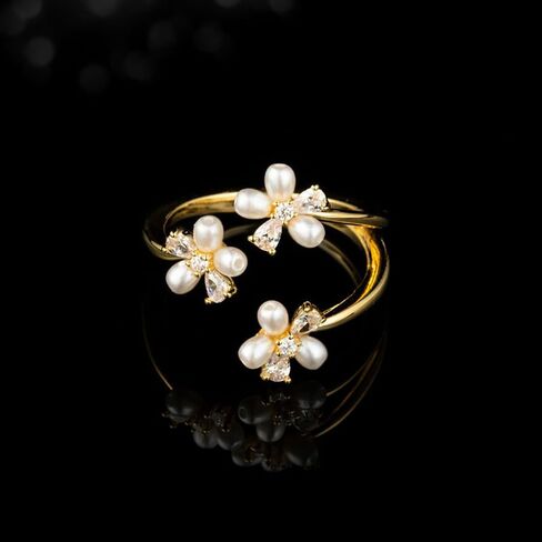 Kokoma Dainty Flower Ring for Women Girls Sparkling Cubic Zirconia Daisy Open Statement Rings Pearl Chic Engagement Promise Ring Wrap Finger Band 14K Gold Plated in Saudi Arabia
