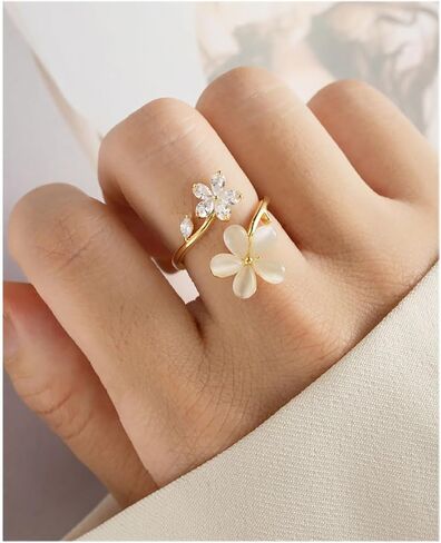 Kokoma Dainty Flower Ring for Women Girls Sparkling Cubic Zirconia Daisy Open Statement Rings Pearl Chic Engagement Promise Ring Wrap Finger Band 14K Gold Plated in Saudi Arabia