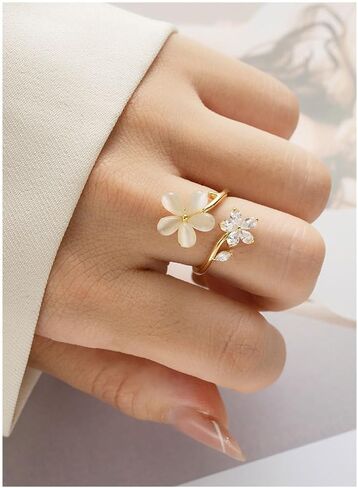 Kokoma Dainty Flower Ring for Women Girls Sparkling Cubic Zirconia Daisy Open Statement Rings Pearl Chic Engagement Promise Ring Wrap Finger Band 14K Gold Plated in Saudi Arabia