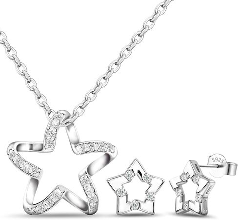 Star Necklace Earrings Set for Girls Trendy - Hypoallergenic Star Stud Earrings Silver CZ Pendant Necklace Dainty Crystal Cartilage Earrings Charm Necklace Everyday Jewelry Gifts for Women Teens in Saudi Arabia