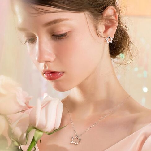 Star Necklace Earrings Set for Girls Trendy - Hypoallergenic Star Stud Earrings Silver CZ Pendant Necklace Dainty Crystal Cartilage Earrings Charm Necklace Everyday Jewelry Gifts for Women Teens in Saudi Arabia