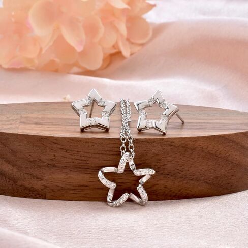 Star Necklace Earrings Set for Girls Trendy - Hypoallergenic Star Stud Earrings Silver CZ Pendant Necklace Dainty Crystal Cartilage Earrings Charm Necklace Everyday Jewelry Gifts for Women Teens in Saudi Arabia