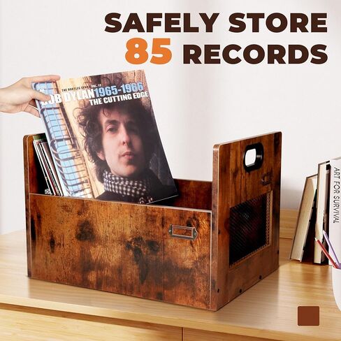 منظم تخزين سجل الفينيل، صندوق تخزين سجل Lp، رف حامل سجل للألبومات بمقبض، يحمل ما يصل إلى 85 سجلًا، تخزين ألبوم سجل خشبي عتيق لسجلات الفينيل وملفات الكتب in Kuwait