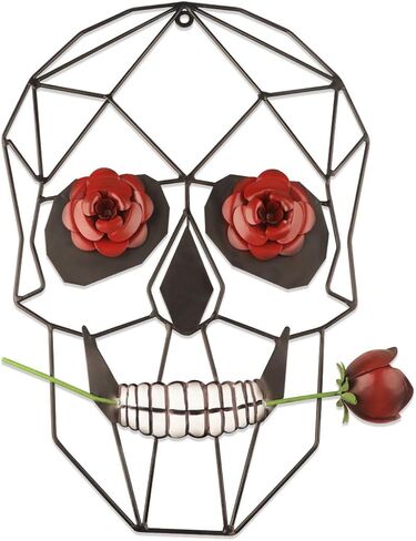 14 "جمجمة معدنية مع وردة معدنية جدار الفن الحديث الحد الأدنى خط الفن الجمجمة جدار ديكور لغرفة النوم غرفة المعيشة الحمام مكتب بار غرفة الفن استوديو عيد الهالوين عيد الحب الديكور in Kuwait