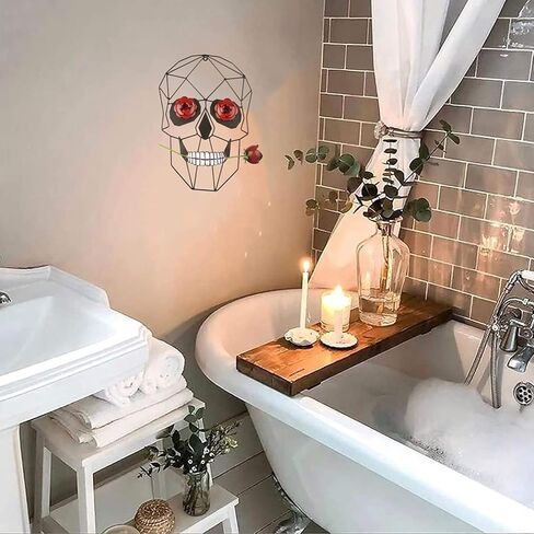 14 "جمجمة معدنية مع وردة معدنية جدار الفن الحديث الحد الأدنى خط الفن الجمجمة جدار ديكور لغرفة النوم غرفة المعيشة الحمام مكتب بار غرفة الفن استوديو عيد الهالوين عيد الحب الديكور in Kuwait