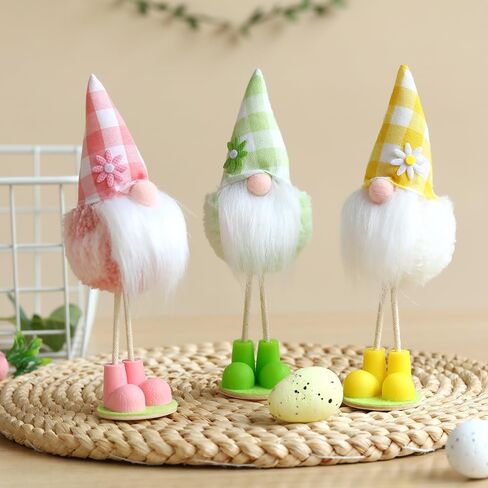 Easter Gnomes Decorations 3pcs Pink Green Yellow Checkered Gnome Handmade Figurines Doll for Spring Easter Day Gifts Cute Gnome Decorations for Home in Saudi Arabia