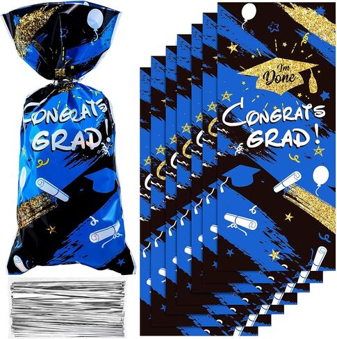 100 Pieces Graduation Cellophane Treat Bags, Congrats Graduates Candy Present Bags Plastic Clear Goodie Wrapping Bags with 100 Silver Twist Ties for Graduation Day (Blue) in Saudi Arabia