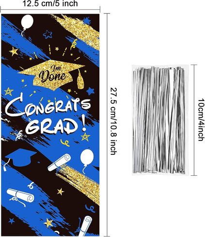 100 Pieces Graduation Cellophane Treat Bags, Congrats Graduates Candy Present Bags Plastic Clear Goodie Wrapping Bags with 100 Silver Twist Ties for Graduation Day (Blue) in Saudi Arabia