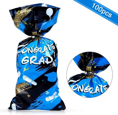 100 Pieces Graduation Cellophane Treat Bags, Congrats Graduates Candy Present Bags Plastic Clear Goodie Wrapping Bags with 100 Silver Twist Ties for Graduation Day (Blue) in Saudi Arabia