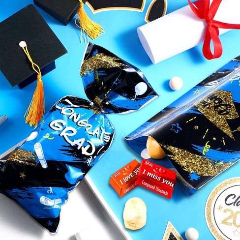 100 Pieces Graduation Cellophane Treat Bags, Congrats Graduates Candy Present Bags Plastic Clear Goodie Wrapping Bags with 100 Silver Twist Ties for Graduation Day (Blue) in Saudi Arabia