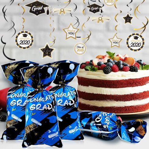 100 Pieces Graduation Cellophane Treat Bags, Congrats Graduates Candy Present Bags Plastic Clear Goodie Wrapping Bags with 100 Silver Twist Ties for Graduation Day (Blue) in Saudi Arabia