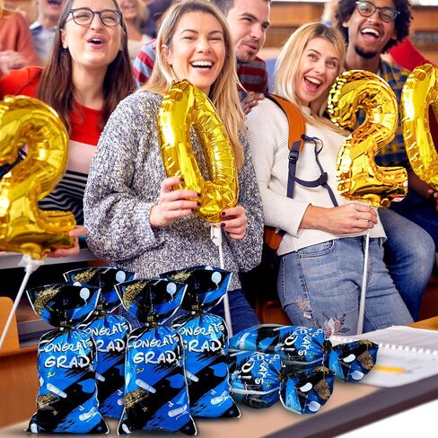 100 Pieces Graduation Cellophane Treat Bags, Congrats Graduates Candy Present Bags Plastic Clear Goodie Wrapping Bags with 100 Silver Twist Ties for Graduation Day (Blue) in Saudi Arabia