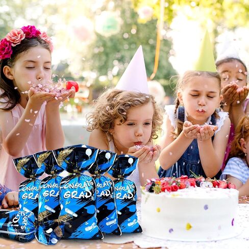 100 Pieces Graduation Cellophane Treat Bags, Congrats Graduates Candy Present Bags Plastic Clear Goodie Wrapping Bags with 100 Silver Twist Ties for Graduation Day (Blue) in Saudi Arabia