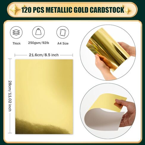 120 ورقة من ورق البطاقات الذهبي المعدني مقاس 8.5 × 11 بوصة (حجم A4) ورق بطاقات مرآة من رقائق الذهب 250 جرام في المتر المربع من ورق رقائق الذهب للحرف اليدوية وسجلات القصاصات وصناعة البطاقات ودعوات الزفاف والديكورات in Kuwait