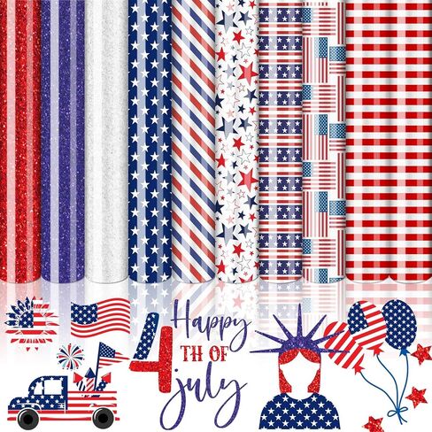 10 أوراق من الفينيل الوطني لنقل الحرارة في الرابع من يوليو، حديد على الفينيل العلم الأمريكي الأحمر والأزرق والأبيض ونجمة HTV لاصقة من الفينيل لملابس يوم الاستقلال زي DIY Fabirc in Kuwait