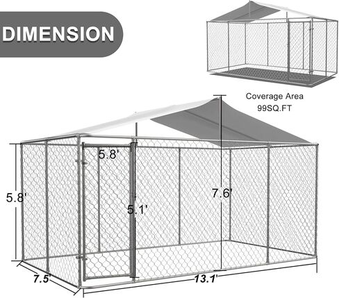 Large Outdoor Dog Kennel with Roof, Galvanized Steel Dogs Cage Fence House w/Lock, Anti Rust Chain Link Pet Enclosure Pen Weather Resistant for Backyard, 157.2 x 90 x 91.2 Inch in Saudi Arabia