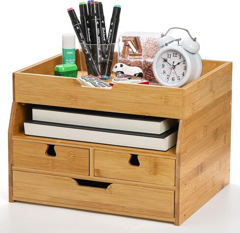 ZENFUN 4-Tier Bamboo Desk Organizer with Drawers, Original Bamboo Desktop Organizer Multifunctional Desktop File Organizer Letter Tray Holder for Home Office Supplies（Assembly Required in Saudi Arabia