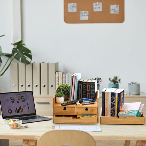 ZENFUN 4-Tier Bamboo Desk Organizer with Drawers, Original Bamboo Desktop Organizer Multifunctional Desktop File Organizer Letter Tray Holder for Home Office Supplies（Assembly Required in Saudi Arabia