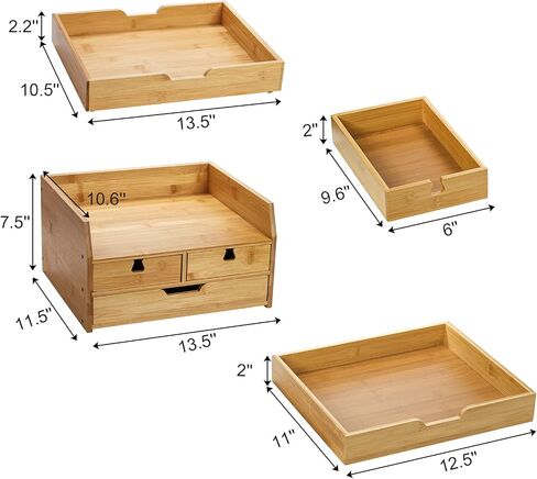 ZENFUN 4-Tier Bamboo Desk Organizer with Drawers, Original Bamboo Desktop Organizer Multifunctional Desktop File Organizer Letter Tray Holder for Home Office Supplies（Assembly Required in Saudi Arabia