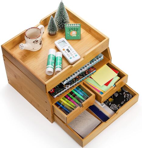 ZENFUN 4-Tier Bamboo Desk Organizer with Drawers, Original Bamboo Desktop Organizer Multifunctional Desktop File Organizer Letter Tray Holder for Home Office Supplies（Assembly Required in Saudi Arabia