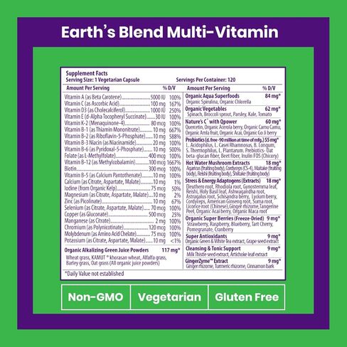 Paradise Herbs Earth's Blend متعدد الفيتامينات، خالي من الحديد، مضادات الأكسدة، البروبيوتيك، نباتي، غير معدل وراثيًا، خالي من الغلوتين، 120 كبسولة نباتية in Saudi Arabia