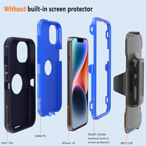 حافظة مصممة لهاتف iPhone 14 مع مشبك حزام ومسند، حافظة متينة متعددة الطبقات لكامل الجسم مع قطعتين واقيات شاشة لهاتف Apple iPhone 14 مقاس 6.1 بوصة 2022 (أزرق داكن) in Kuwait