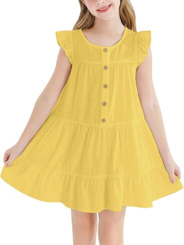 Girls Dresses Button Down Flutter Sleeve A-Line Sundress Casual Tiered Swing Midi Dresses for 6-14 Years Kids in Saudi Arabia