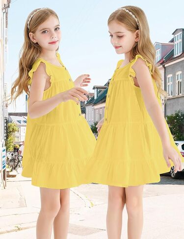 Girls Dresses Button Down Flutter Sleeve A-Line Sundress Casual Tiered Swing Midi Dresses for 6-14 Years Kids in Saudi Arabia