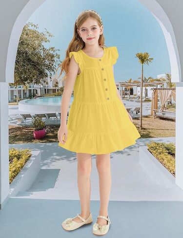 Girls Dresses Button Down Flutter Sleeve A-Line Sundress Casual Tiered Swing Midi Dresses for 6-14 Years Kids in Saudi Arabia