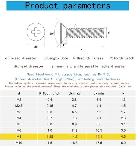 M8-1.25 x 75mm Flat Countersunk Head Machine Screws, Phillips Drive, Cross Screw，304 Stainless Steel,A2-70,GB819,Full Thread,Fasteners Bolts 5 PCS in Kuwait