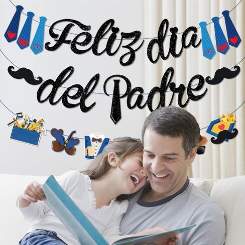 Spanish Happy Fathers Day Banner, NO-DIY Feliz Dia Del Padre Decoracion includes Black Glitter Feliz Dia Del Padre Banner and Father's Day Decorations Garland, Decoraciones Para El Dia Del Padre in Saudi Arabia
